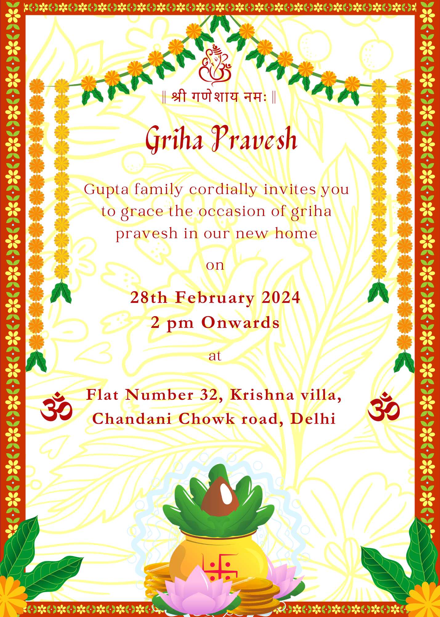 Griha Pravesh ceremony invitation