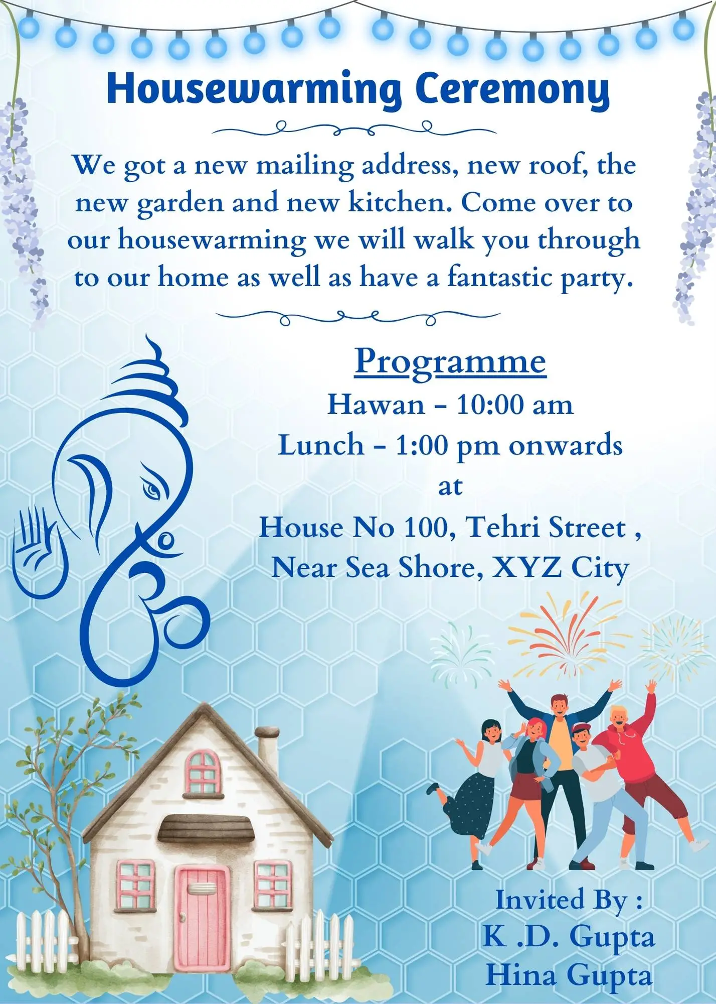 Housewarming invitation card Indian format